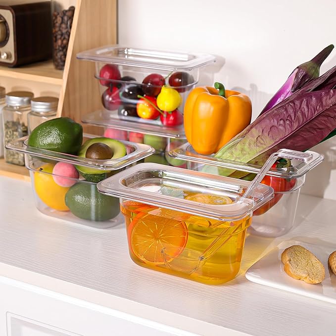 12 Pack Plastic Clear Food Pans with Lids, 1/9 Size 4'' Deep Commercial Stackable Polycarbonate Pans Hotel Food Storage Pan with 1 Pcs Spoon for Fruits Vegetables