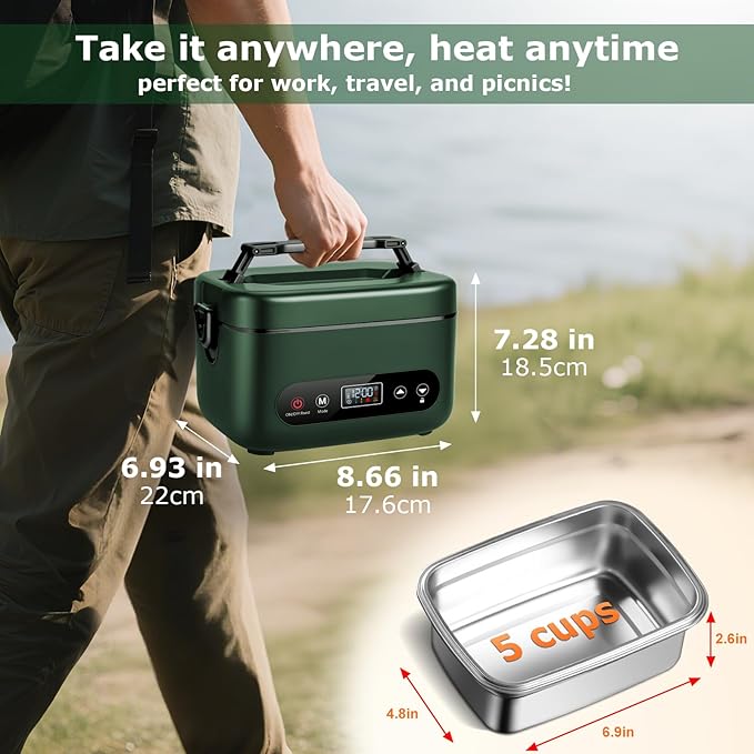 THZDMI 1.2L Cordless Electric Lunch Box ??20000mAh Rechargeable Portable Food Warmer with 5-Sided Heating, Auto Temperature Control, Leakproof & BPA-Free ??Perfect for Office, Truck, Outdoors Green