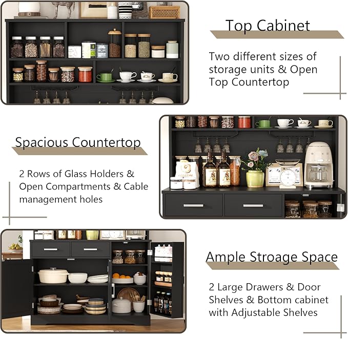 Tall Pantry Cabinet, Modern Kitchen Hutch with Microwave Stand, Kitchen Pantry Storage Cabinet with 2 Darwers & Door Shelf, Food Pantry with Goblet Holders & Adjustable Shelves for Dining Room, Black