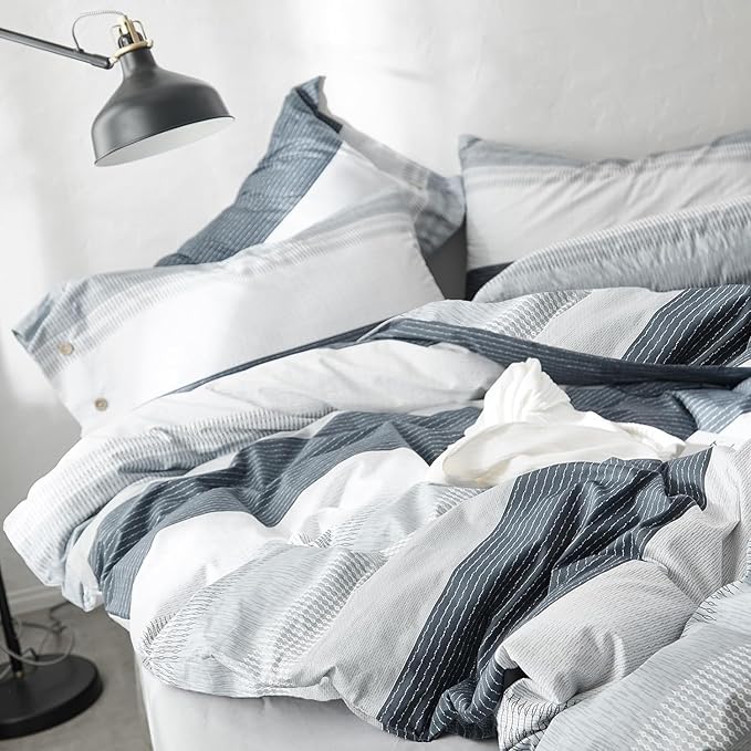 LifeTB Full Comforter Set Blue Grey Striped Bedding Comforter Set Lightweight Soft All Seasons Bedding Sets Fluffy Down Alternative Comforter 3 Pieces Bed Set 1 Striped Comforter with 2 Pillow Shams
