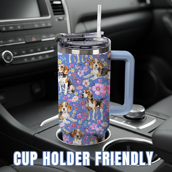 Yogusut Beagle Gifts for Women, 40oz Stainless Steel Insulated Tumbler Travel Mug Cup with Handle Straw, Gifts for Dog Mom Dog Lover