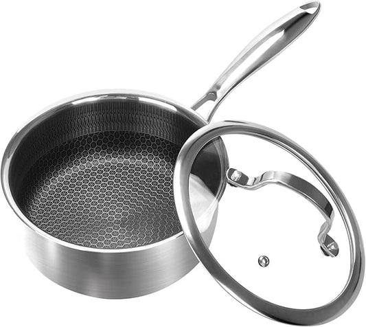 2 Quart Nonstick Saucepan with Glass Cover, Stainless Steel Induction Sauce Pan with Honeycomb Carving, Non-stick Sauce Pot, Compatible with All Cooktops, Dishwasher Safe