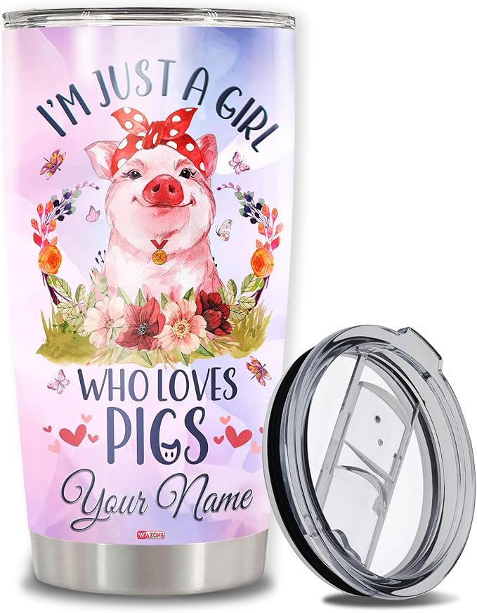 WAZONE Personalized Pig Tumbler Cup Customize Name Just A Girl Who Loves Pigs Stainless Steel Insulated Pink 20oz 30oz Travel Coffee Mug With Lid Birthday Christmas Gifts For Mom Women Girls