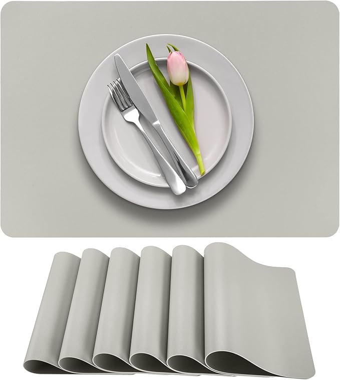 More D챕cor Faux Leather Placemats Set of 6 for Dining Table ??Waterproof, Wipeable, Washable, Stain & Heat Resistant, Non-Slip Table Mats ??12 X 17 Inch, (Solid Silver 6)