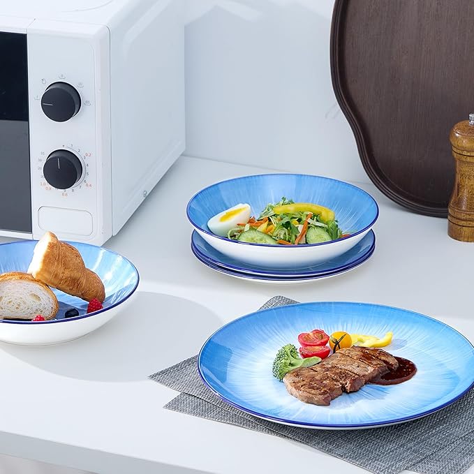 Bestone Porcelain Dinnerware Sets Service for 4, 12 pcs Hand drawn Plates and Bowls Sets, Handmade Ceramic Dish Set, Chip Resistant Modern Plate Set, Dishwasher/Microwave Safe竊똕tarburst blue