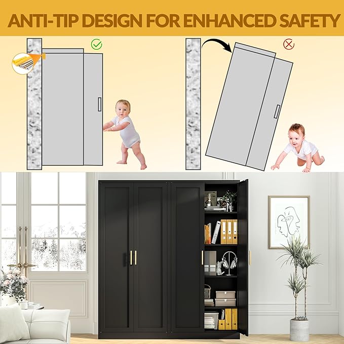 Kitchen Pantry Cabinet,71??Metal Tall Pantry Storage Cabinet with Doors and 4 Adjustable Shelves,Kitchen Storage Cabinets Black Freestanding Food Cabinet for Pantries, Kitchen, Livingroom, Dining Room