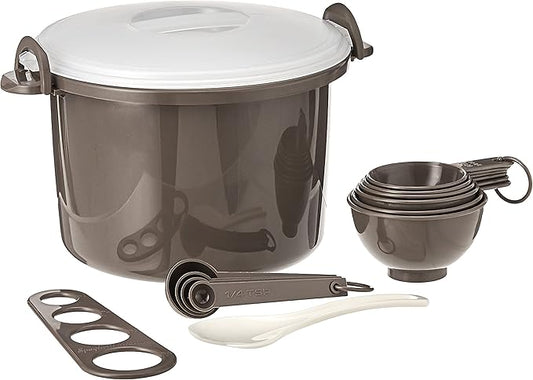 Prep Solutions by Progressive Microwaveable Rice and Pasta Cooker-17 Piece Set Includes Measuring Spoons and Cups, Rice Paddle, Steaming Insert, Pasta Measurer and Locking Lid-12 Cup Capacity BPA FREE, Gray