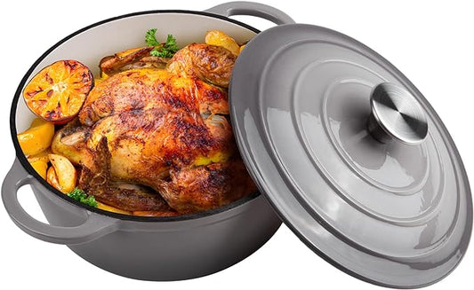 3 Quart Dutch Oven Enameled Cast Iron with Lid - Big Dual Handles - Oven Safe up to 500째F - Classic Round Pot for Versatile Cooking Light Gray