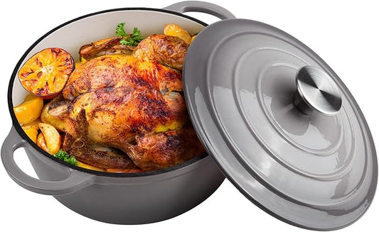 6 Quart Dutch Oven Enameled Cast Iron with Lid - Big Dual Handles - Oven Safe up to 500째F - Classic Round Pot for Versatile Cooking (Light Gray, 6 QT)