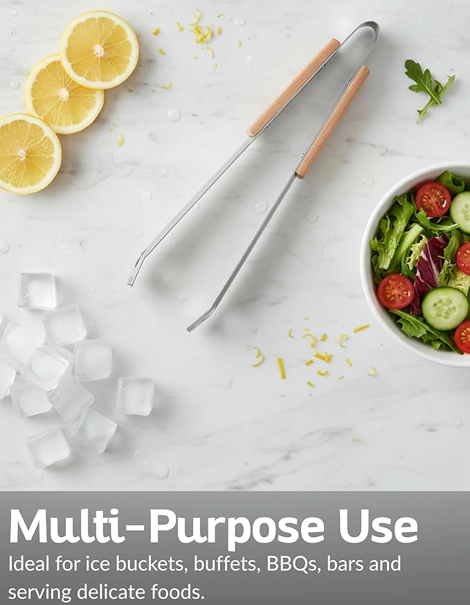 13.5??Stainless Steel Serving Tongs with Wooden Handle - Elegant Design for Ice, BBQ, Salad or Buffet - Durable & Rust-Resistant Kitchen Tongs