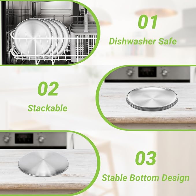 Metal Camping Plates, 10 Pack 9.1 inch Small 201 Stainless Steel Plates, Reusable Pizza Food Serving Snack Eating Salad Dishes Round Brushed Finish Silver Sturdy Dish Oven Dishwasher Safe