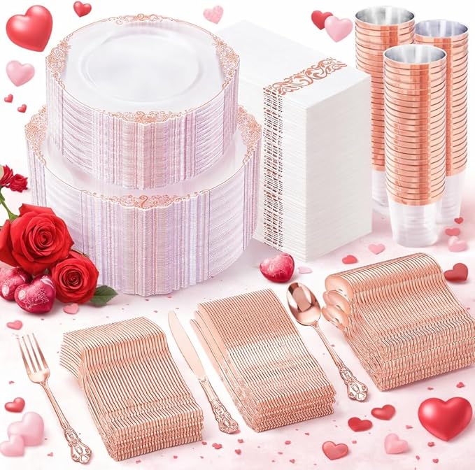 YOUBET 700PCS Rose Gold Plastic Plates - Clear Rose Gold Plastic Dinnerware Set Include 200 Disposable Plate, 300 Heavy Duty Silverware, 100 Cups, 100 Napkins for Wedding & Party & Baby Shower