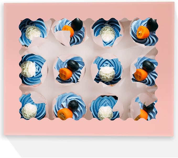 qiqee Pink 12 Cupcake Boxes with Window 16-Packs Cupcake Box 13"x10"x3.5" Cupcakes Carrier, 12 Cupcake Containers