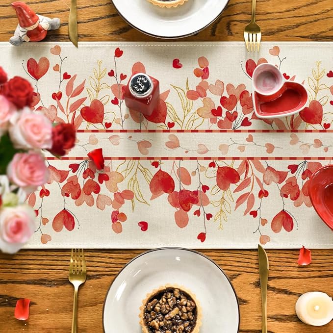 Artoid Mode Red Heart Branch Table Runner, Seasonal Leaf Kitchen Dining Table Decoration for Home Party Decor 13x72 Inch