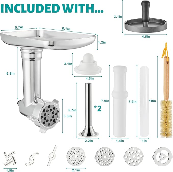 KAMJUNTAR Meat Grinder Attachment for Kitchenaid Stand Mixer, Kitchen Aide Grinder Attachment Kitchenaid Food Grinder Attachment, Sausage Stuffer, Burger Press, Not Dishwasher Safe, Total 16 Pcs