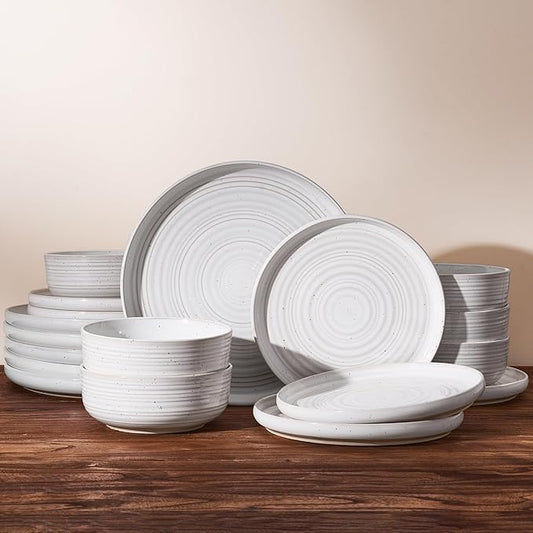 Plates and Bowls Sets for 6, Famiware Premium 18-Piece Stoneware Dinnerware Set - Reactive Glaze with Speckles & Spirals, Chip & Scratch Resistant, Dishwasher Safe, Dish Set with Gift Box, White