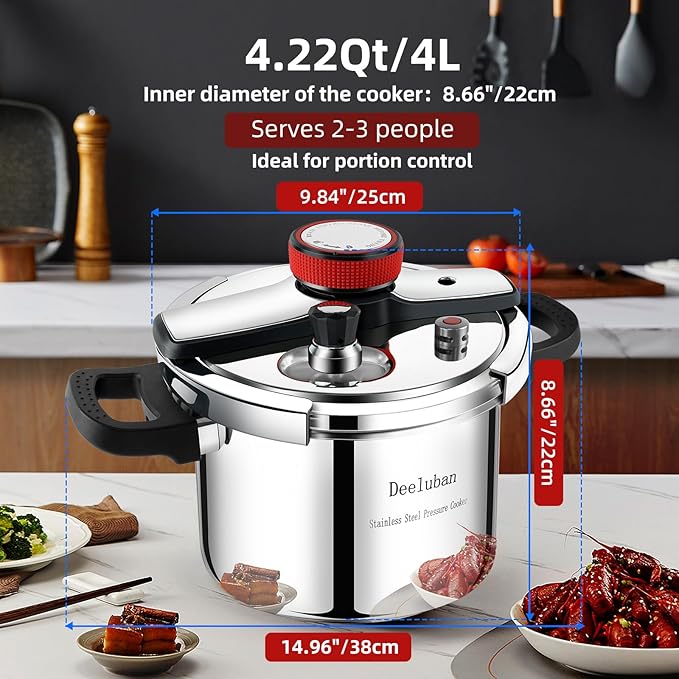 304 Stainless Steel Pressure Cooker 4 QT (4.22 Quart) - Explosion-Proof Safety Lock, One Hand Operation, Fast Cooking, Dishwasher Safe & Induction Compatible Cookware, PETERBOO
