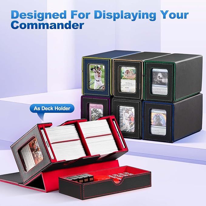 Card Deck Box for MTG, Double Deck Storage Box with 2 Commander Display & 1 Dice Tray, Fits 200+ Double Sleeved, Card Organizer for CCG TCG Sports (Black Blue)