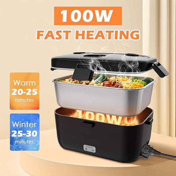 COZYEXPERT Electric-Lunch-Box-Heated-Food-Warmer 100W Heating Lunchbox for Adults 1.8L Portable Food Heater for Work/Car, 12V/24V/110-230V Lonchera El챕ctrica Port찼til with Fork Spoon (Black)