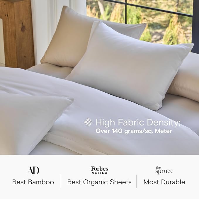 DOZ Sheet Set, 100% Viscose derived from Bamboo, Organically Grown, Buttery Soft, Cooling Sheets, High GSM, Deep Pockets - 4 Piece - 2 Pillowcases 1 Fitted Sheet 1 Top Sheet (Snow, King)