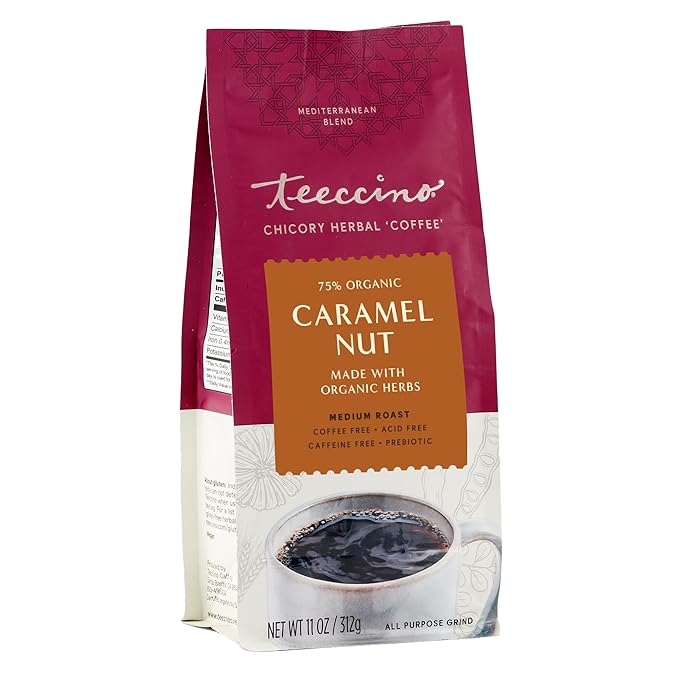 Teeccino Caramel Nut Chicory Coffee Alternative - Ground Herbal Coffee That?™s Prebiotic, Caffeine Free & Acid Free, Medium Roast, 11 Ounce
