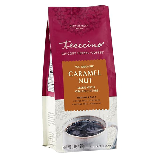 Teeccino Caramel Nut Chicory Coffee Alternative - Ground Herbal Coffee That?™s Prebiotic, Caffeine Free & Acid Free, Medium Roast, 11 Ounce