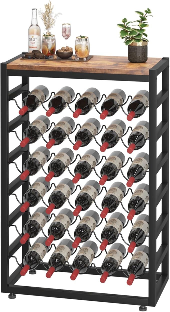 Dripex 30 Bottles Wine Rack Free Standing Floor, 6-Tier Display Wine Storage Shelves with Wooden Table Top, Sturdy Metal Bottle Holder for Kitchen Bar Pantry 23.2''L x 11.8''W x 34.7''H