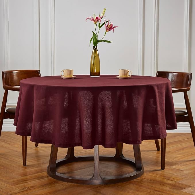 Solino Home Linen Round Tablecloth 70 Inch - 100% Pure Linen Cordovan Round Tablecloth - Machine Washable Table Cloth - Sonoma