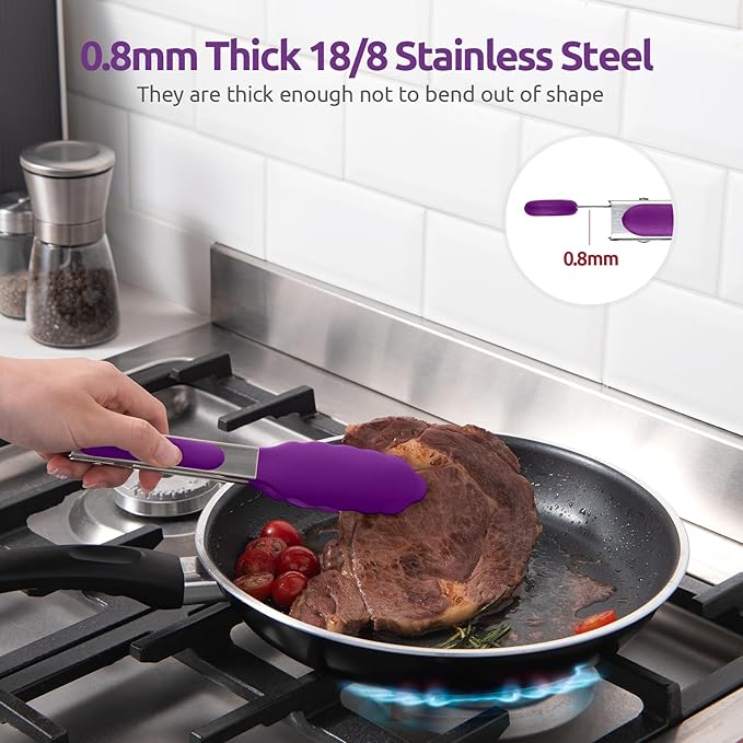 600쨘F Heat Resistant Kitchen Tong: U-Taste 7 inch Silicone Cooking Tong with Firm Sealed Non Stick Rubber Tips & Silicon Coated 18/8 Stainless Steel Handle & Smooth Locking for Serving Salad (Purple)