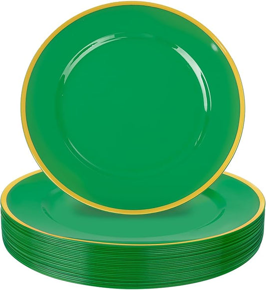 WDF 25PCS Green Plastic Charger Plates - 12inch Green and Gold Chargers for Dinner - Disposable Charge Plates - Perfect for Party Elegant Tabletop Decor St. Patrick's Day