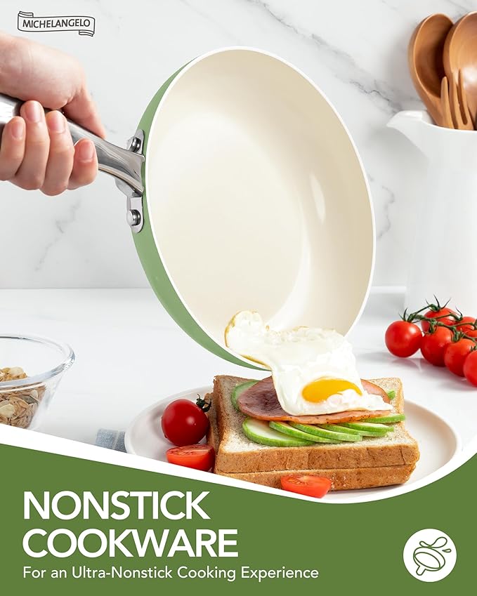 MICHELANGELO Pots and Pans Set Non Stick - Ceramic Cookware Set Non Toxic, 8-Pcs Nonstick Pots and Pans with Ergonomic Handle, Dishwasher Safe & Induction Compatible, Green