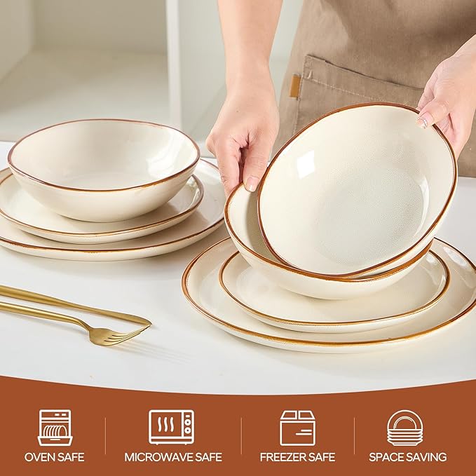 Bestone 12 Pieces Round Kitchen Dinnerware Sets竊똏lates and Bowls Sets,Dishes, Plates, Bowls, Dish Set, Chip Resistant Ceramic Dinnerware Set, Dishwasher/Microwave Safe,Service for 4,Pearl White