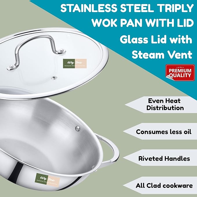 Stainless Steel Wok with Lid, 4.75 Qt / 4.5 L, All Clad Tri-ply Kadhai, 11.80 Inch Pan for Stir-Frying, Stews, Sauces, Deep Saute, Large Triply wok cookware, Trasparent Cover, Induction Compatible