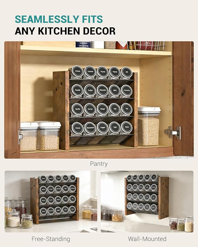 NESAPTO Spice Rack Organizer for Cabinet, Wooden 4 Tier Vertical Seasoning Organizers for Kitchen Pantry, Countertop/Wall Mount, Holds 20 Spice Jars (No Jars Included),10.3" W 횞 9.4" H