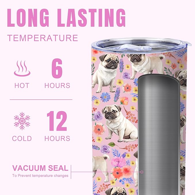 Yogusut Pug Gifts for Women, 20oz Stainless Steel Insulated Tumbler Travel Mug Cup with Lid Straw Brush, Gifts for Dog Mom Dog Lover