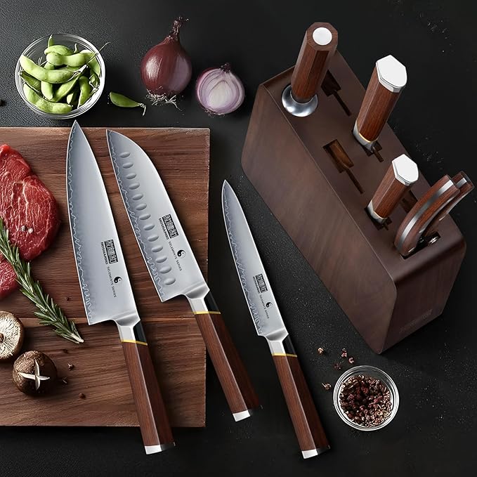 HOSHANHO 8 Pieces Knife Set with Magnetic Block, Ultra-Sharp High-carbon Steel Kitchen Knife Set, Professional Knife Block Set with Ergonomic Wooden Handle & Sharpener