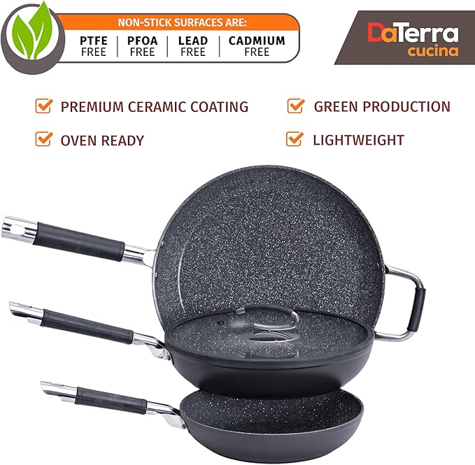 DaTerra Cucina Nonstick 3-Skillet Bundle ??9.5" and 13" Fry Pans, 11" Fry Pan with Glass Lid, Oven Safe, Nonstick Cookware, PTFE & PFOA Free, Durable Ceramic Coating - Made in Italy, Volcanic Black
