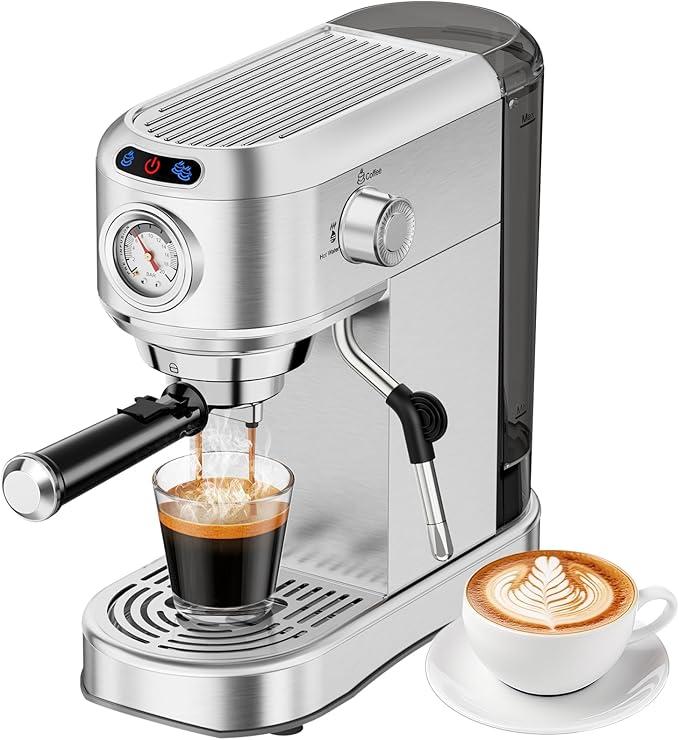 Espresso Machine 20 Bar, Compact Espresso Maker, Stainless Steel Professional Expresso Coffee Machines with Steam Milk Frother & 34oz Removable Water Tank for Home & Office, Latte, Cappuccino, Silver