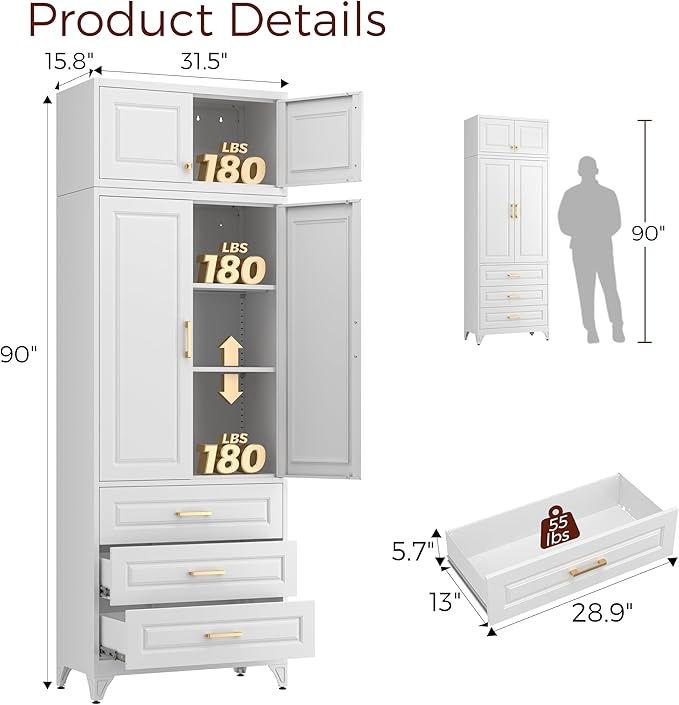 Metal Storage Cabinet, 90" White Pantry Cabinet with 4 Doors and 4 Adjustable Shelves, Tall Cabinets with 3 Drawers for Dinning Living Room and Dining Room
