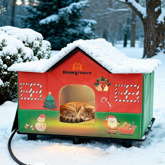Homegroove Heated Cat House for Outside, 24x15.7x17 inches Extra Large Weatherproof & Insulated Heated Outdoor Cat House with Heating Pad, Christmas for Stray & Feral Cats