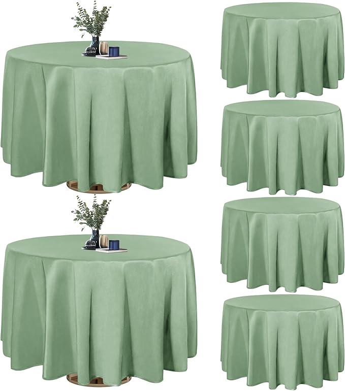 Easy-Going 6 Pack Sage Green Tablecloths 108 Inch-Round for 8 Ft Round Table, Washable Polyester Waterproof Stain Resistant Table Cloth, Decorative Table Cover for Kitchen, Dining Tables, Events