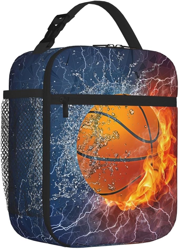 YIJIUWKIS Basketball Lunch Box for Kids Teens Boys Girls, Sports Insulated Lunch Bag Leakproof Portable Meal Bags with Side Pocket, Durable Reusable Tote Bag for Beach/Picnic/School/Work