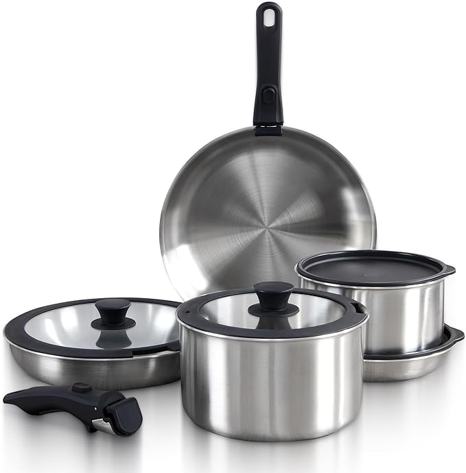 GOURMETIFIC짰 Stainless Steel Cookware Set [11 PIECES] - Non Toxic Kitchenware - Induction, Gas & Oven Cooking Ware - Pot & Pan with Removable Handles - Stackable Pots & Pans - Dishwasher Safe