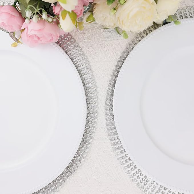 Set of 12 White Charger Plates with Beaded. 13" Reusable Plastic Table Chargers for Dinner Plates