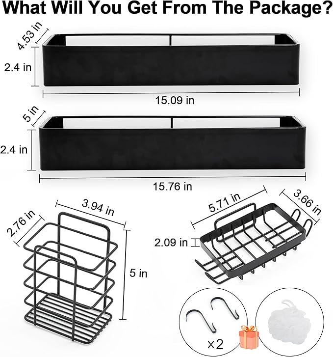 Premium Shower Caddy, 4 Pack Black, Rustproof Stainless Steel Shower Organizer and Storage, No Drill Shower Shelves with Quick Drainage and High Weight Capacity