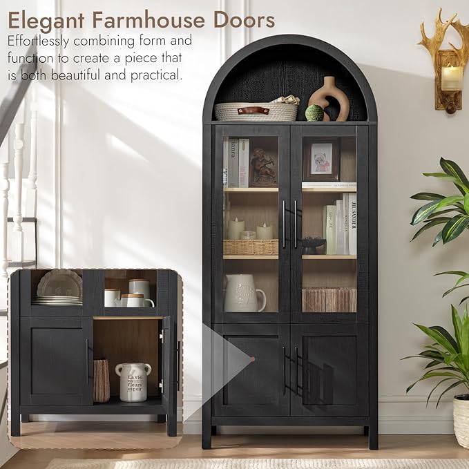 71" Tall Arched Display Cabinet, 5-Tier Bookshelf Modern Farmhouse Arched Bookcase with Glass Doors and Shelves, Wooden Pantry Storage Cabinet for Living Room, Office and Kitchen, Black