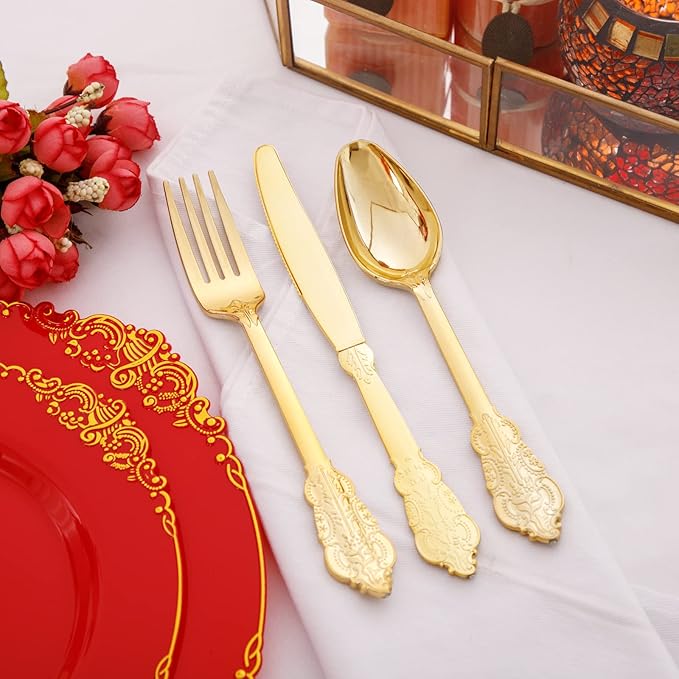 Morejoy 175PCS Red Plastic Plates,Red Disposable Plates With Gold Rim,Red and Gold Plastic Dinnerware Set Includes: 50 Plates,25 Silverware Sets,25 Cups,25 Napkins,Perfect for Party,Wedding,Christmas