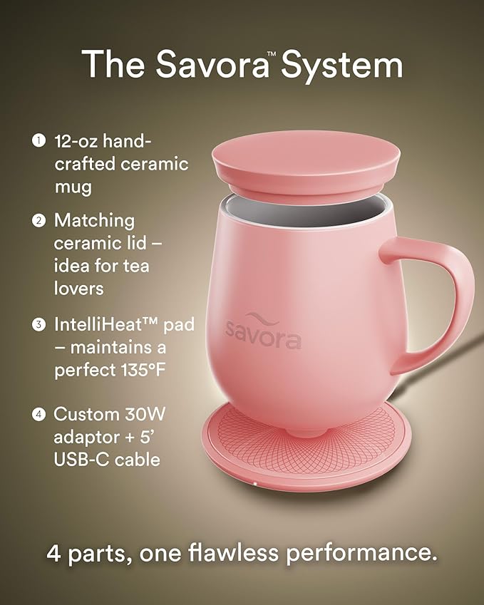 12oz Heated Coffee Mug | Barista?셲 Choice | Exclusive Wireless IntelliHeat Pad | Temperature Control Maintains 135째F | Hand-Crafted Ceramic Mug & Lid | Great for Tea Drinkers | Backed for Life - Pink