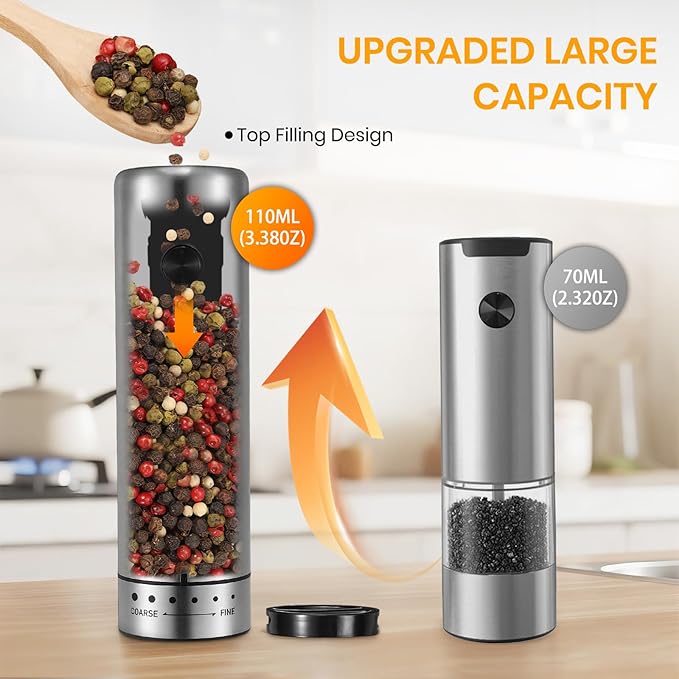 Electric Salt Grinder Set with Rechargeable Base Stainless Steel Grinders with Variable Grinding Speed, External Adjustable Coarseness and White LED Light, Silver