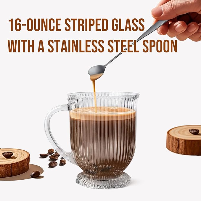Large Ribbed Glass Coffee Mugs Set of 4,16 Oz Clear Espresso Mugs with Spoon, Glass Tea Cups with Handle Diner Latte Cup with Footed Base for Hot Beverages,Cappuccino Cups, Stylish Drinkware